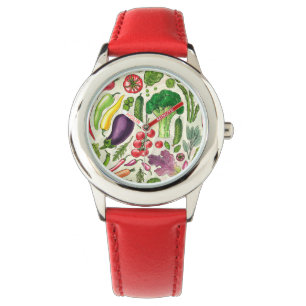 Vegetable and herbs garden harvest on off white watch