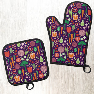 Vegetable Food Pattern Dark Oven Mitt & Pot Holder Set
