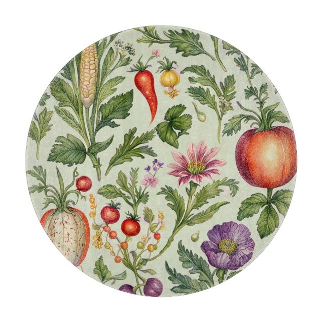 Vegetable Garden Round Glass Cutting Board (Front)