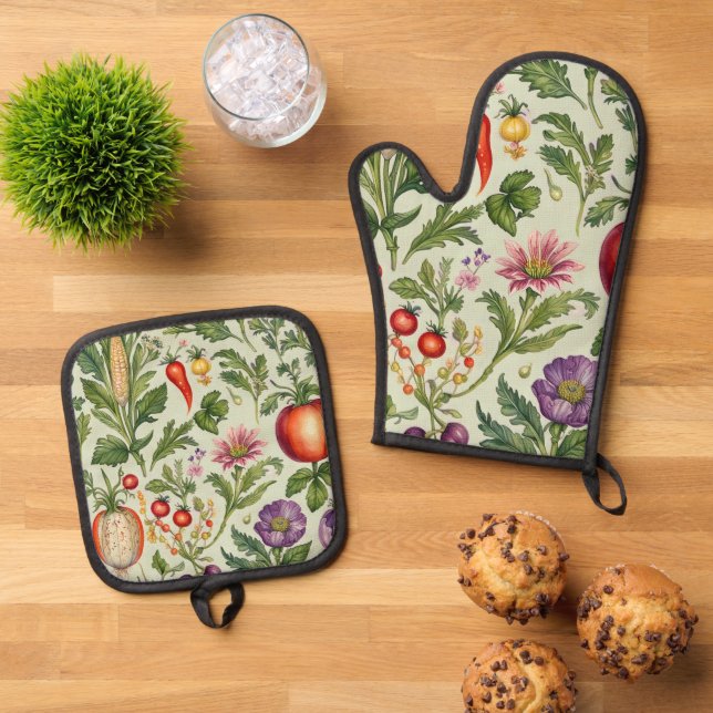 Vegetable Garden Round Glass Oven Mitt & Pot Holder Set (Top Down)