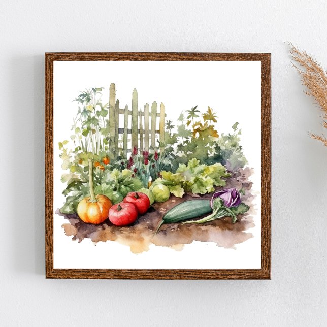 Vegetable Garden with Fence Watercolor Poster (Watercolor Vegetable Garden Wall Art.)