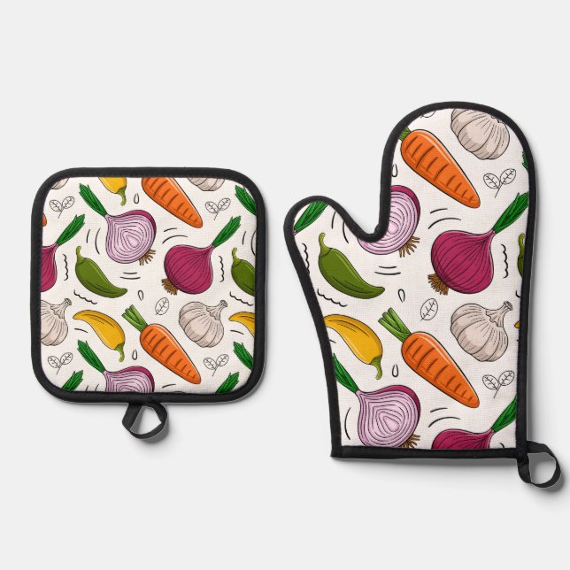 Vegetable Pattern Kitchen Apron Oven Mitt & Pot Holder Set (Front)