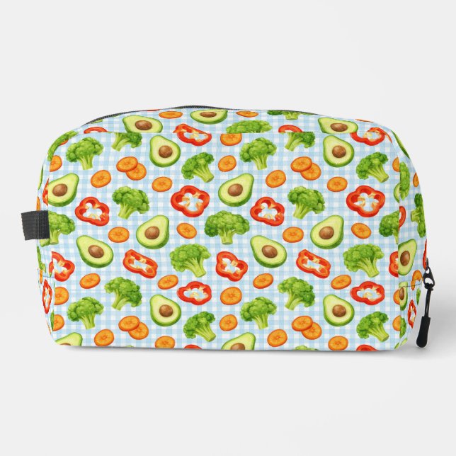 Vegetable Pattern on Blue Gingham Dopp Kit (Front)