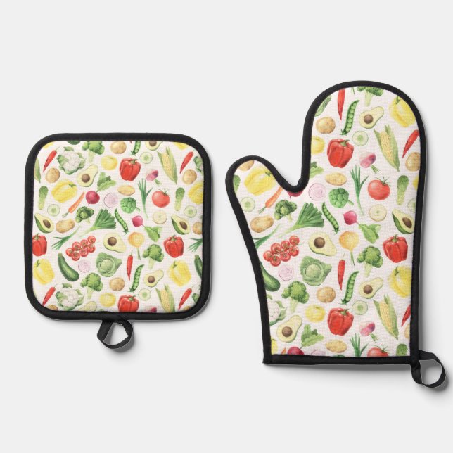 Vegetable Pattern Watercolor  Oven Mitt & Pot Holder Set (Front)