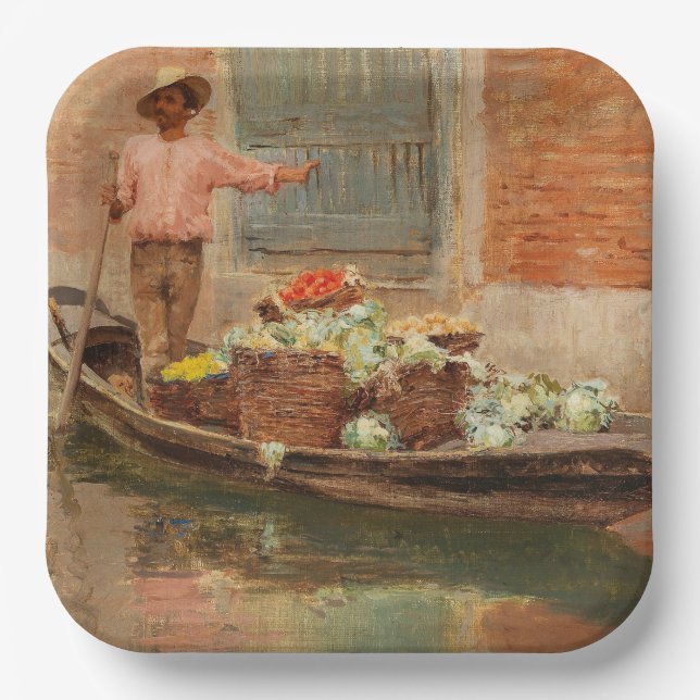 Vegetable Seller in Venice (by Vincenzo Caprile) Paper Plate (Front)