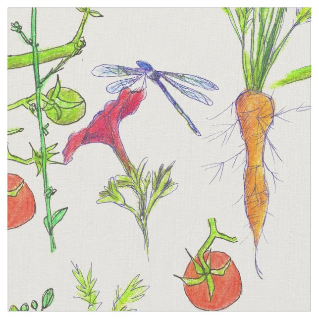 Vegetables Carrots Tomatoes Garden Dragonfly Fabric (Close Up)