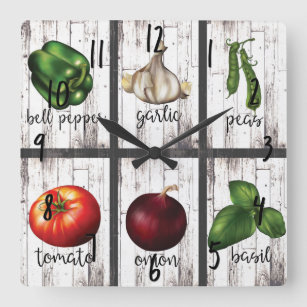 Vegetables & Herbs Rustic Modern Kitchen Food Art Square Wall Clock