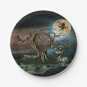 Vegvisir Tree Moon landscape Paper Plate