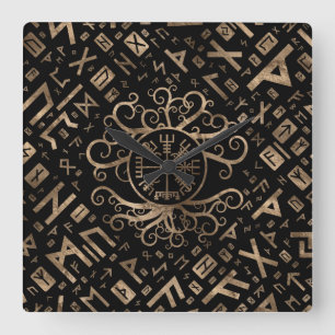 Vegvisir Tree of life Yggdrasil and Runes Square Wall Clock