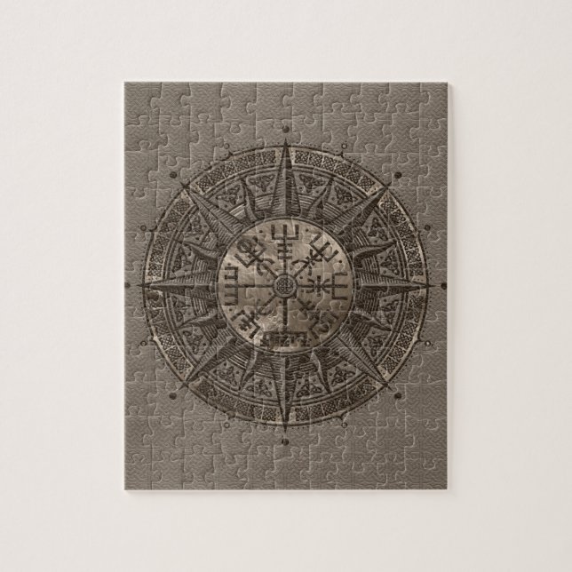 Vegvisir - Viking Compass - Beige Leather and gold Jigsaw Puzzle (Vertical)