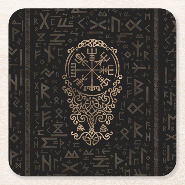 Vegvisir - Viking Compass on Futhark pattern Square Paper Coaster (Front)