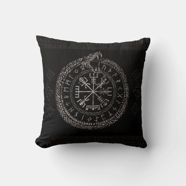 Vegvisir with Ouroboros and runes Cushion (Front)