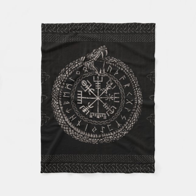 Vegvisir with Ouroboros and runes Fleece Blanket (Front)