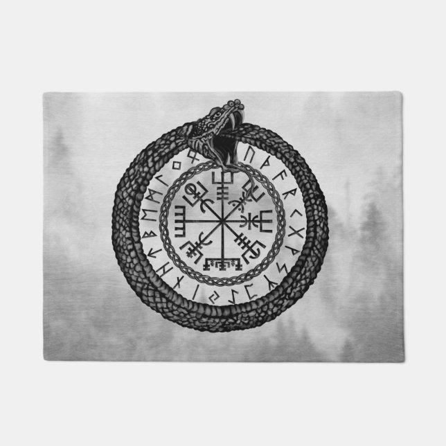 Vegvisir with Ouroboros and runes - grayscale Doormat (Front)