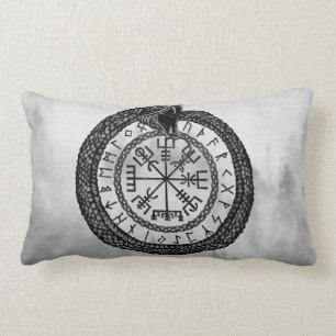 Vegvisir with Ouroboros and runes - grayscale Lumbar Cushion