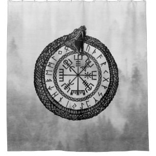 Vegvisir with Ouroboros and runes - grayscale Shower Curtain