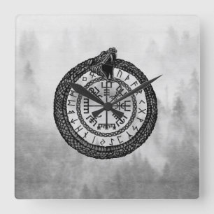 Vegvisir with Ouroboros and runes - grayscale Square Wall Clock