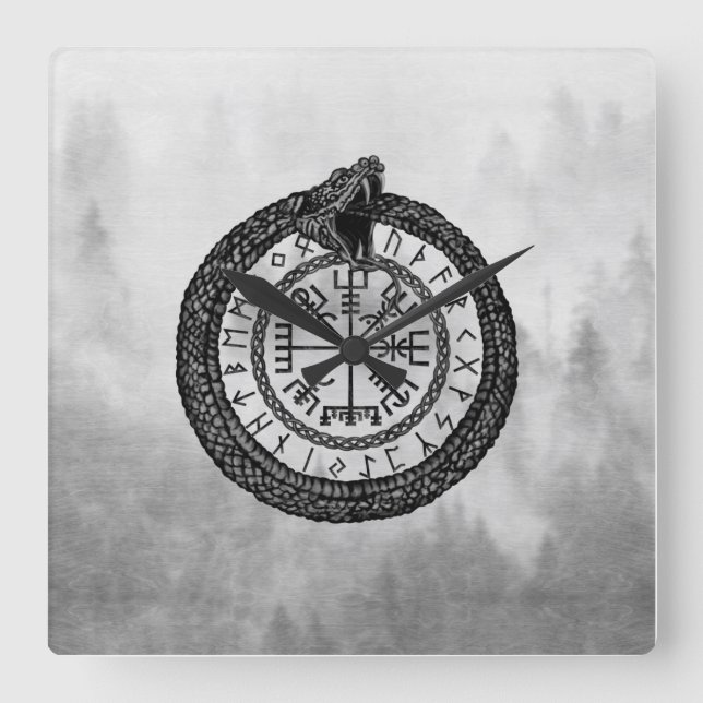 Vegvisir with Ouroboros and runes - grayscale Square Wall Clock (Front)