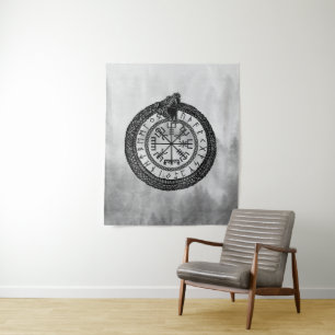 Vegvisir with Ouroboros and runes - grayscale Tapestry