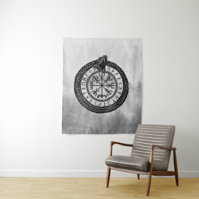Vegvisir with Ouroboros and runes - grayscale Tapestry (In Situ)