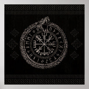 Vegvisir with Ouroboros and runes Poster