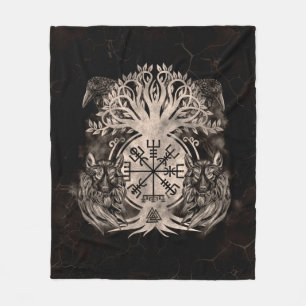 Vegvisir -Yggdrasil With Ravens & Wolves Fleece Blanket