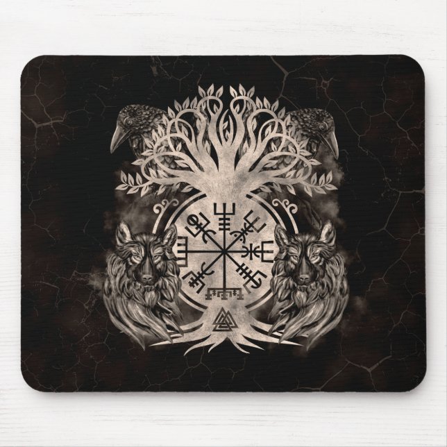 Vegvisir -Yggdrasil With Ravens & Wolves Mouse Pad (Front)