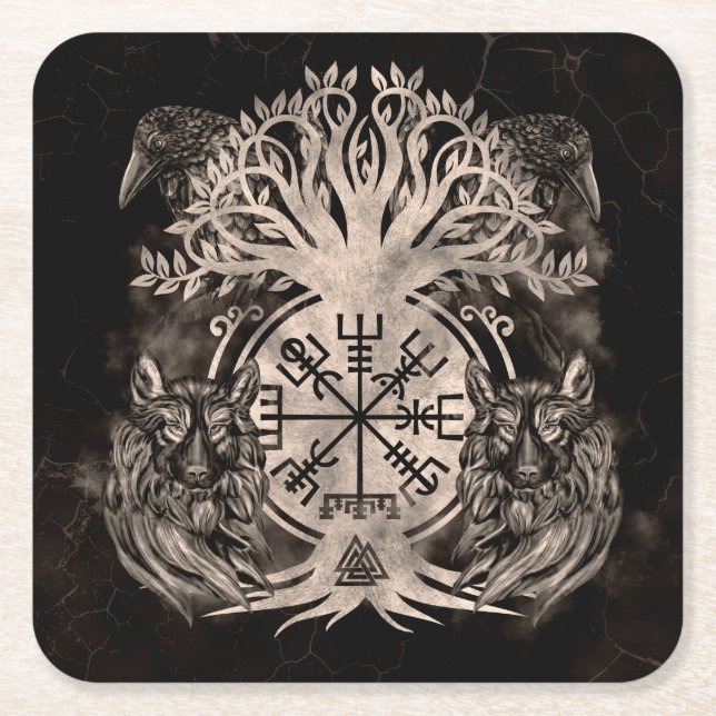 Vegvisir -Yggdrasil With Ravens & Wolves Square Paper Coaster (Front)