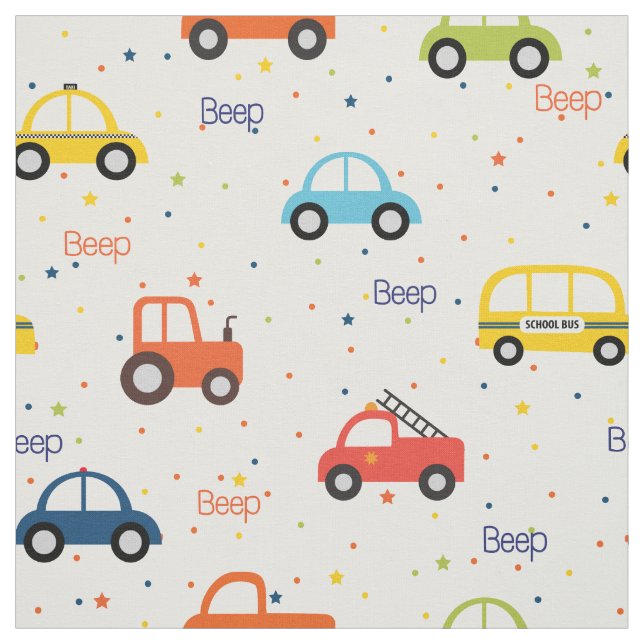 Vehicle pattern with car firetruck tractor jeep fabric (Swatch)