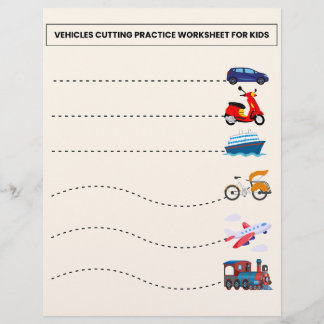 VEHICLES CUTTING PRACTICE WORKSHEET FOR KIDS FLYER