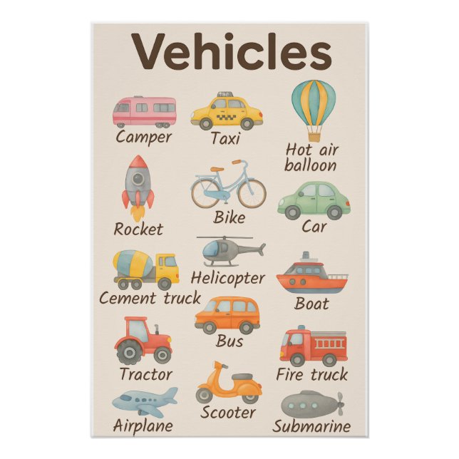  Vehicles for Kids – Fun and Educational Transport Poster (Front)