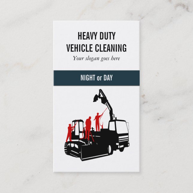 Vehicles heavy duty men cleaning red black business card (Front)