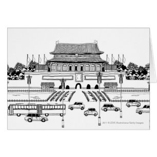 Vehicles on road by pagoda