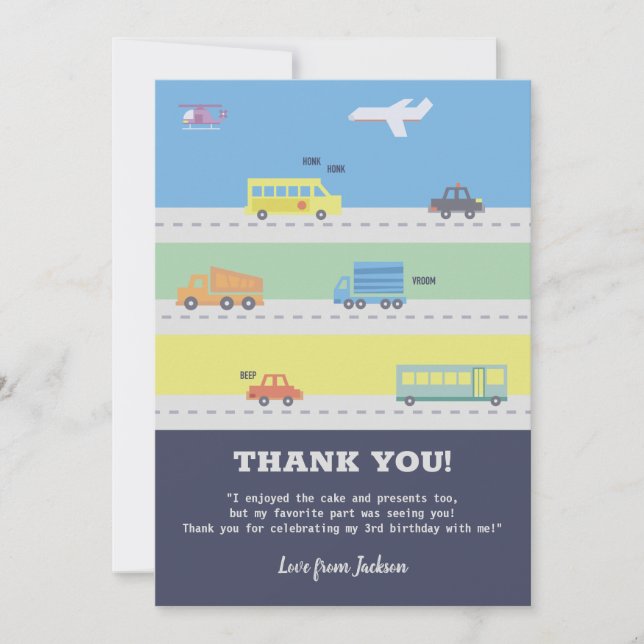 Vehicles, Trucks, Aeroplane Boy Birthday Thank You Card (Front)