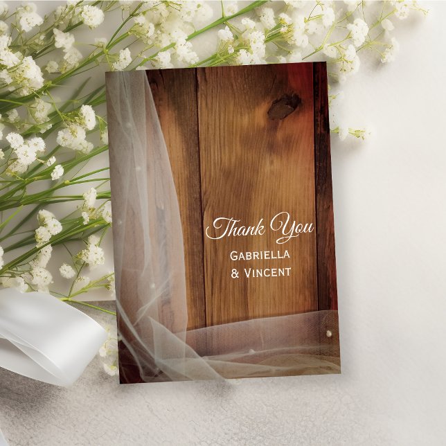 Veil and Barn Wood Country Wedding Thank You Note Card (Creator Uploaded)