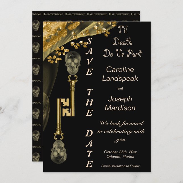 Veiled Gold Nuggets & Skeleton Keys Hallowedding I Invitation (Front/Back)