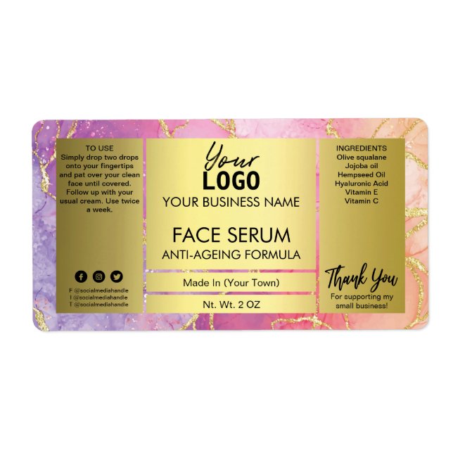 Veins Gold Glitter And Pink Ink Face Serum Label (Front)