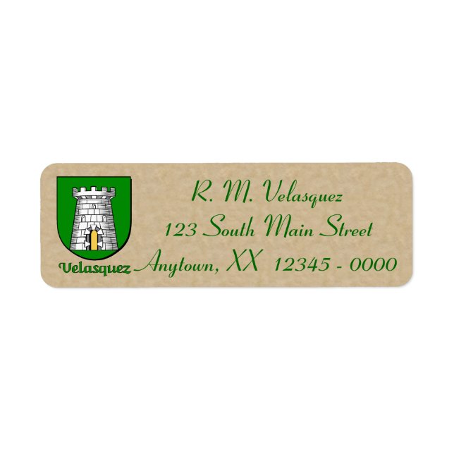 Velasquez Heraldic Shield Return Address Label (Front)