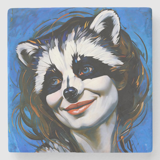 “Velka Teyani”  Whispering Racoon Trickster  Stone Coaster (Front)