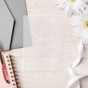 Vellum Dusty Blue Leafy Crest Monogram Wedding Vellum Invitations