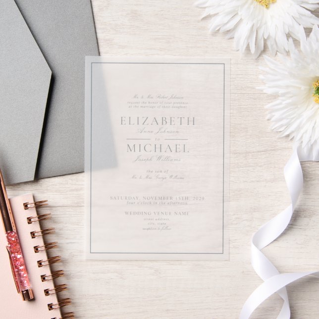 Vellum Elegant Dusty Blue Classic Script Wedding Vellum Invitations (Wedding)