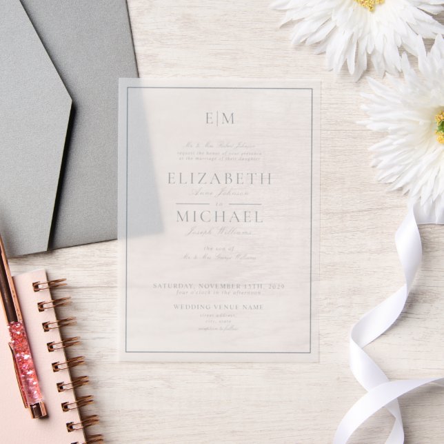Vellum Elegant Dusty Blue Script Monogram Wedding Invitations (Wedding)