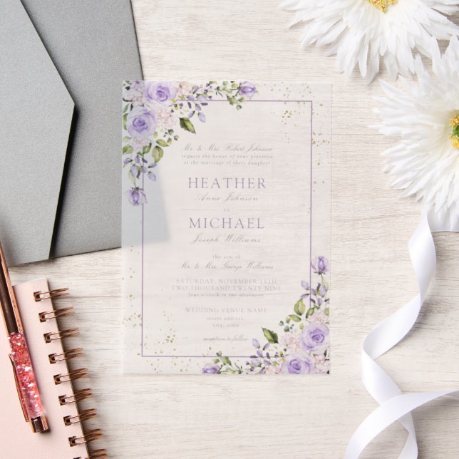 Vellum Elegant Lilac Lavender Gold Floral Wedding Invitations (Wedding)