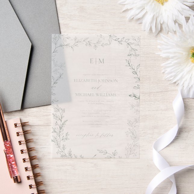 Vellum Leaf Sage Green Elegant Monogram Wedding Vellum Invitations (Wedding)