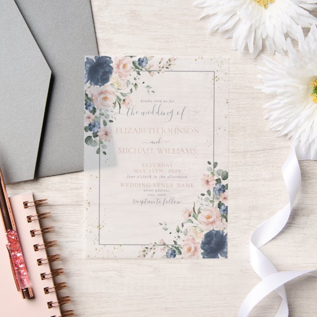 Vellum Light Dusty Blue Blush Pink Gold Floral Vellum Invitations (Wedding)