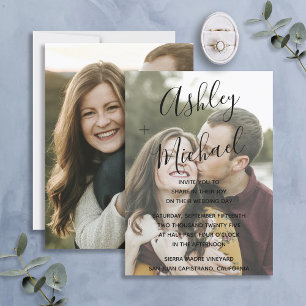 Vellum Look Black Handlettered Photo Wedding Invitation