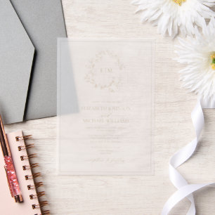 Vellum Modern Gold Leafy Crest Monogram Wedding Vellum Invitations