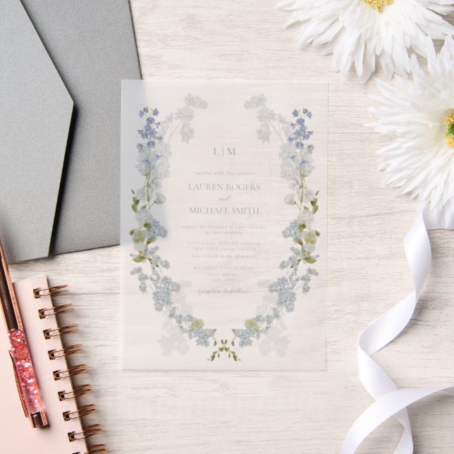 Vellum Vintage Dusty Blue Garden Monogram Wedding Invitations (Wedding)
