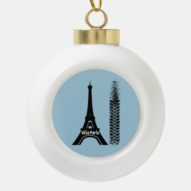 Velo Paris Bike Eiffel Tower Ceramic Ball Christmas Ornament (Front)