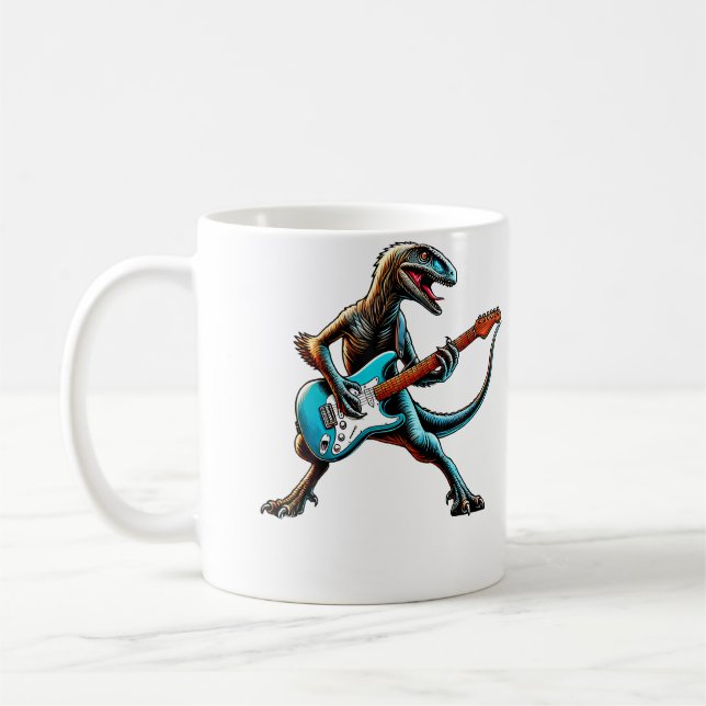 Velociraptor Dinosaur Playing Guitar Musician Musi Coffee Mug (Left)